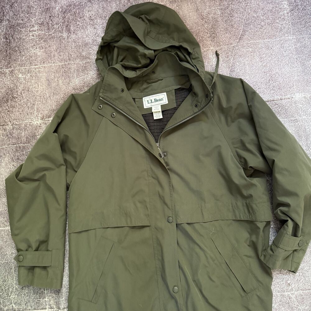 Women's L.L. Bean Wool Lined Dark Green Hooded Duster Trench Coat Jacket Sz M - Picture 2 of 4